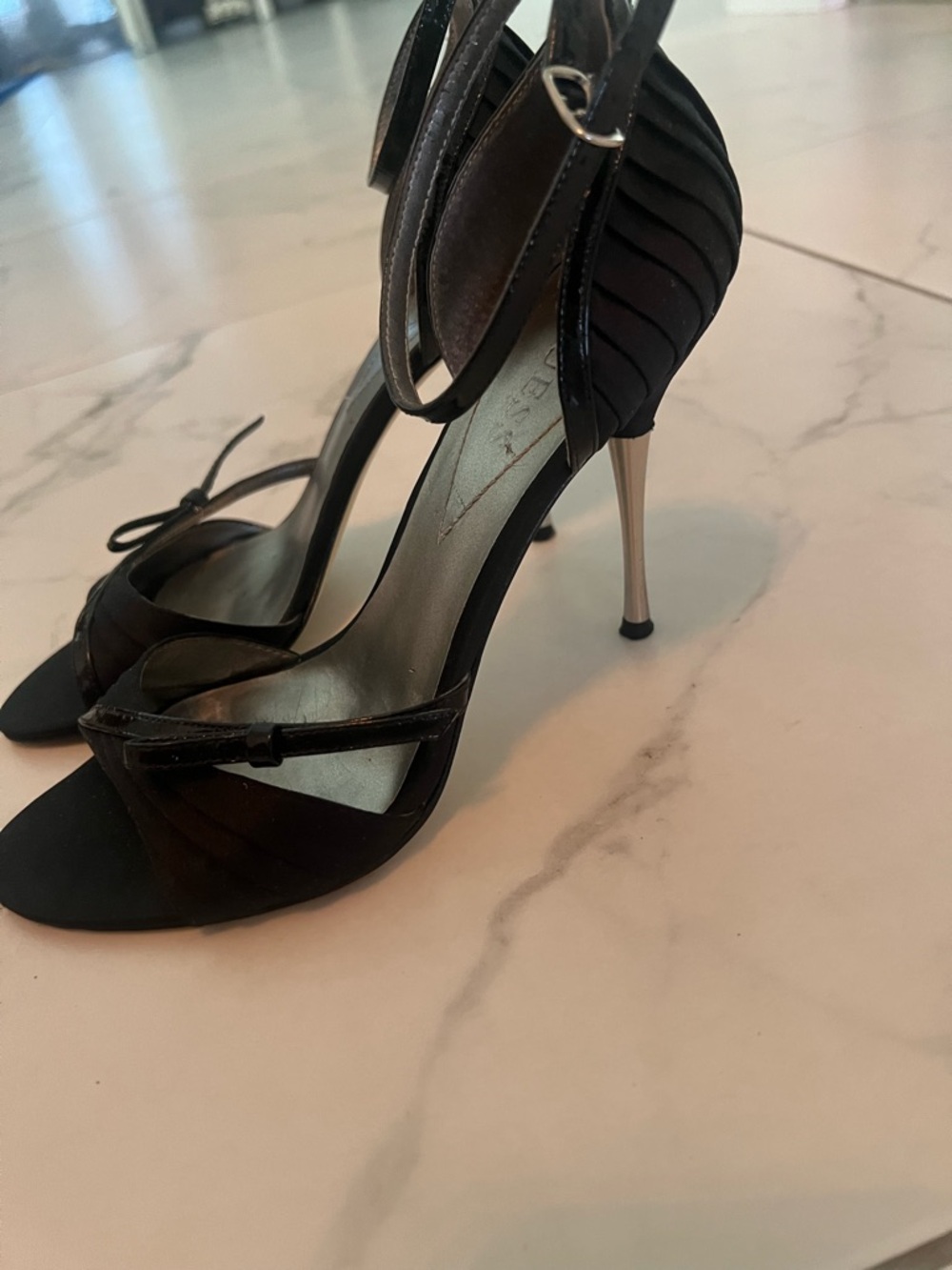 Guess Black Satin Ankle-Strap Stiletto Heels. 4in. Silver.